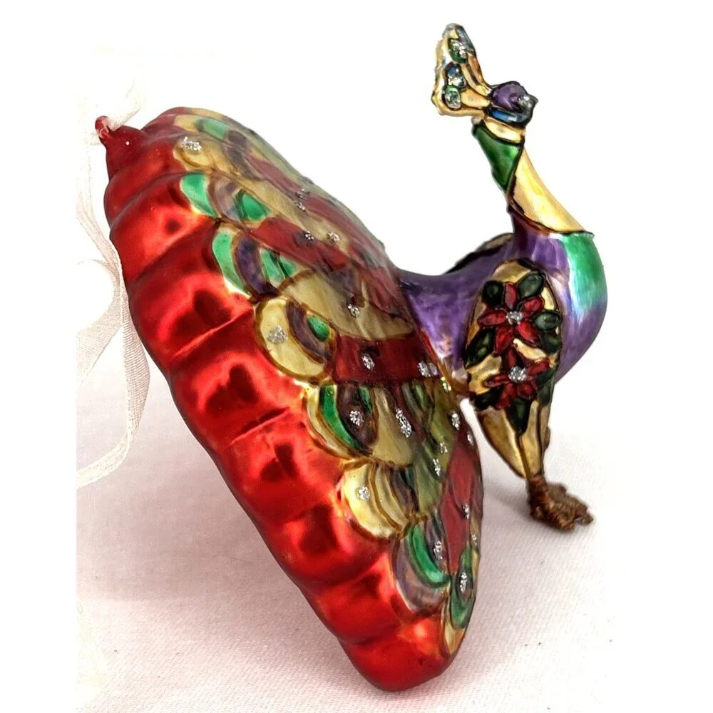 Peacock Christmas Ornament Multicolor Bird Hand Blown Glass 4